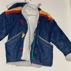 Color blocked hooded lined denim coat